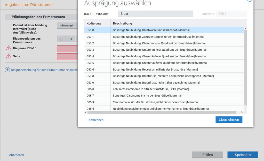 Suchfunktion bei Diagnose eines Mammakarzinoms auch