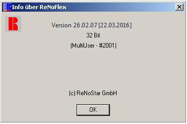 Sollte nach der Installation von ReNoFlex diese Meldung erscheinen, wählen Sie bitte unbedingt den Button. Aus dem Hauptmenü von ReNoFlex wird Ihnen über Hilfe - Info über nun die Version 26.