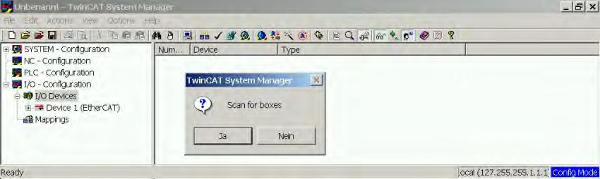 AKD EtherCAT 3 Installation und Inbetriebnahme 3.4.3 Nach Feldern suchen Klicken Sie auf Yes (Ja), um TwinCat die Suche nach Feldern zu ermöglichen.