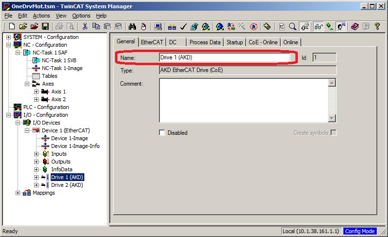 AKD EtherCAT 3 Installation und Inbetriebnahme Die Angaben zu Name, Netz-ID und Port-Nummer stammen aus der Konfigurationsdatei des TwinCAT-Masters (der Name
