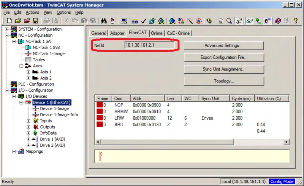 AKD-C/N EtherCAT 3 Installation und Inbetriebnahme Die Netz-ID kann in der Registerkarte EtherCAT unter I/O Configuration I/O Devices Device [x] abgerufen werden.