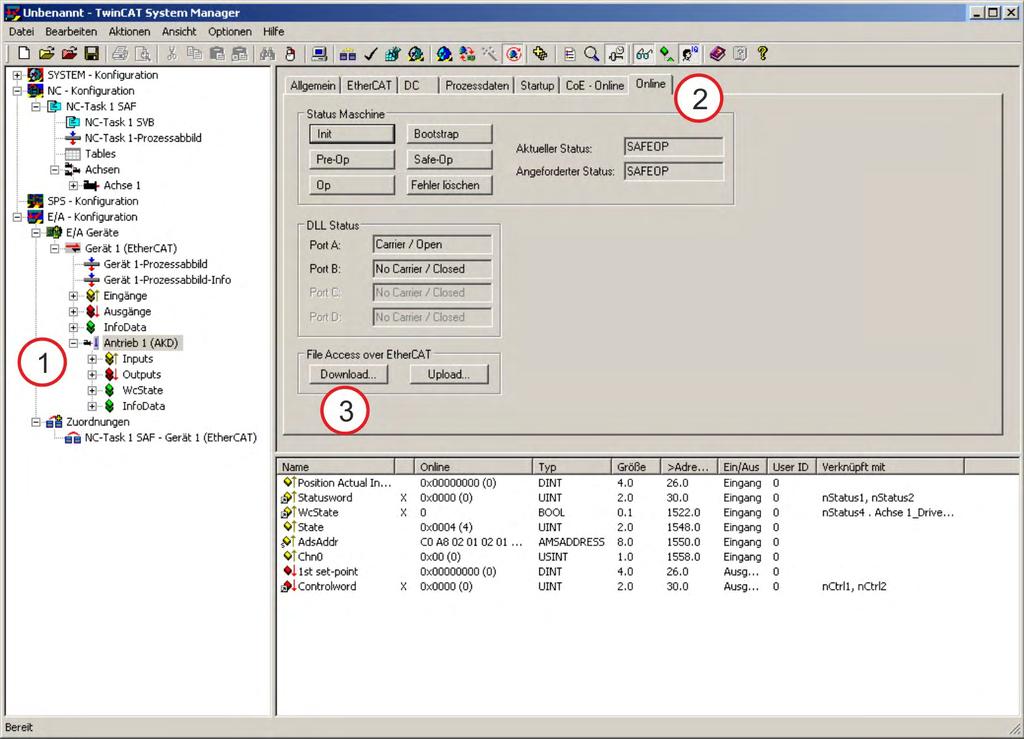 AKD-C/N EtherCAT 3 Installation und Inbetriebnahme 3.7.4 Eine Parameterdatei über TwinCAT laden Sie können eine Parameterdatei über EtherCAT in den Verstärker laden.