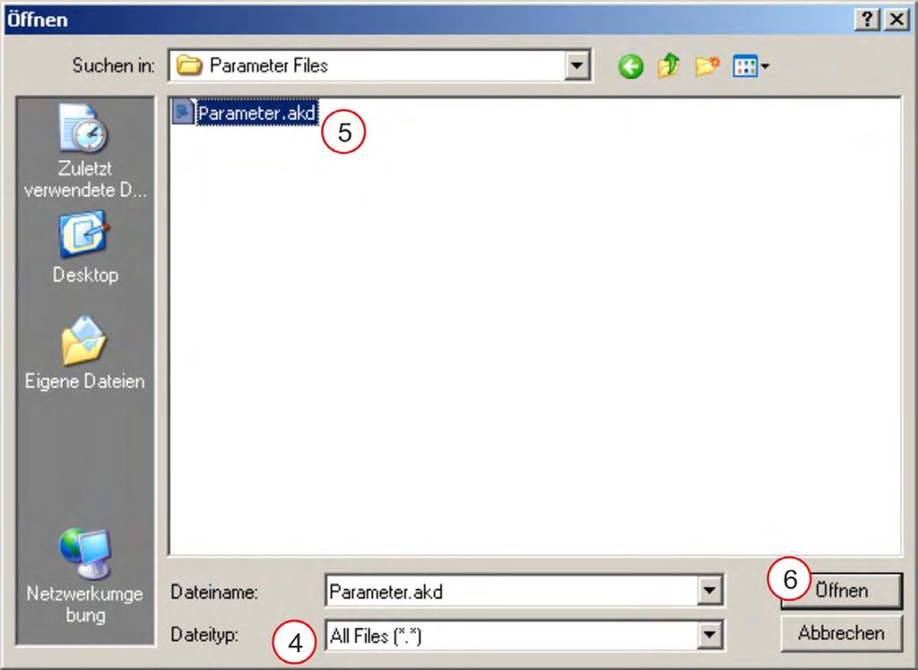 Wechseln Sie zu Registerkarte Online. 3. Klicken Sie auf die Download Schaltfläche. 4. Wählen Sie Dateityp All Files (*.*), um Parameterdateien mit der Endung.akd angezeigt zu bekommen.