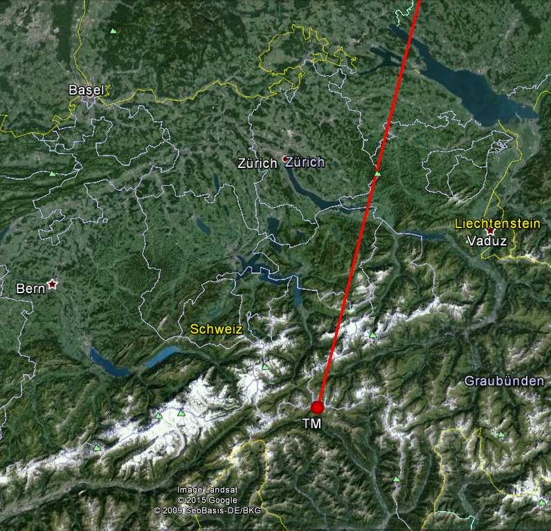 bei der Vermessung der Aufzeichnungen, begründet ist. Karte mit der Projektion der sichtbaren mittleren Teil- Trajektorie und ihres Endpunktes über der Schweiz.