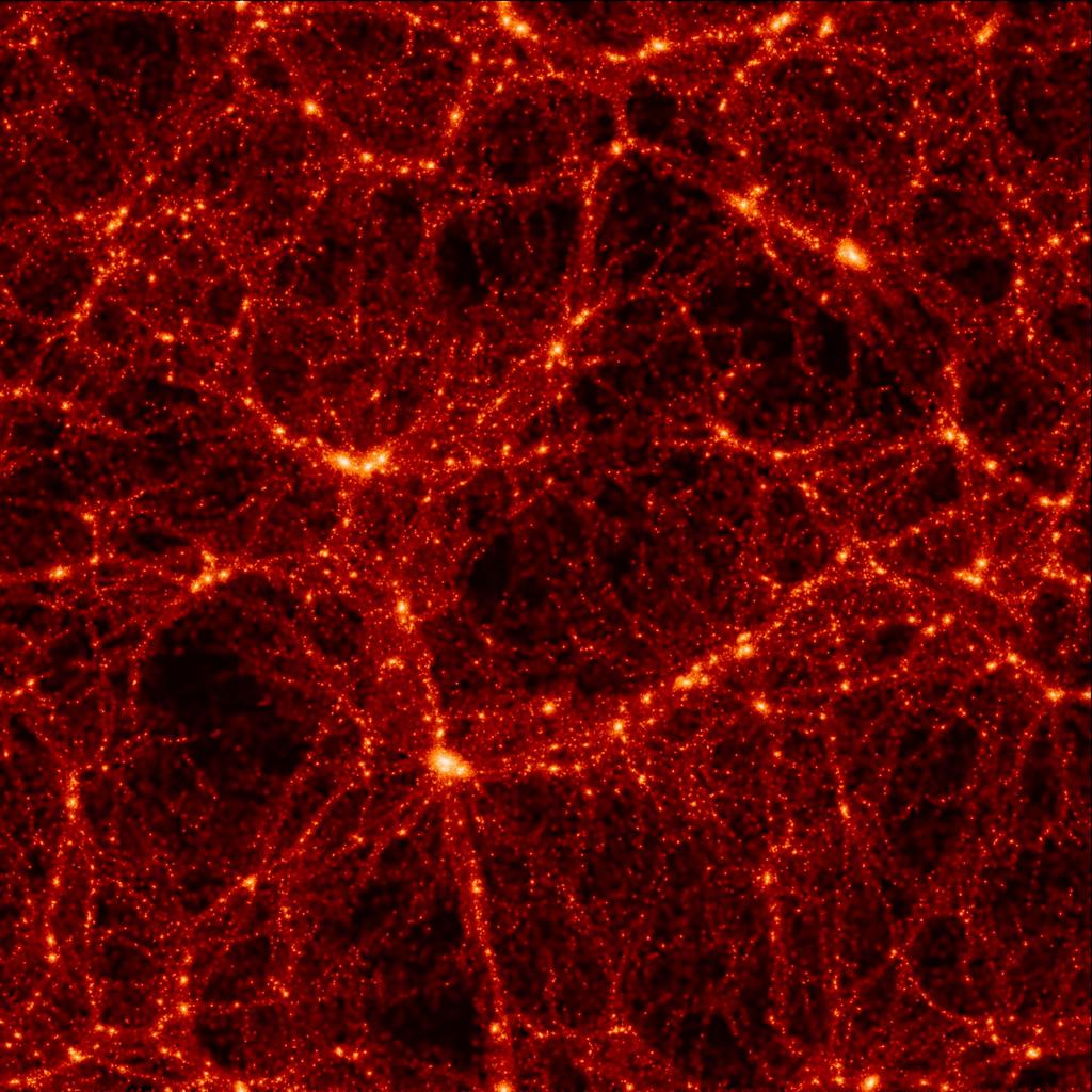 Abbildung 2: Bild einer simulierten Massenverteilung im Universum (siehe http://www.mpa-garching.mpg.de/virgo/virgoproject.html). Hohe Massendichten sind hell dargestellt.