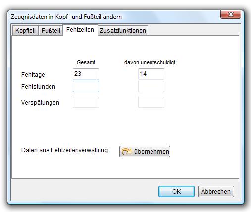 Fehlzeiten eintragen Felder für Fehltage, Fehlstunden oder Verspätungen befinden sich bei den meisten Zeugnisformularen im Kopf- oder Fußteil.