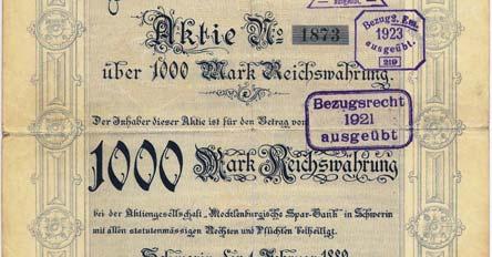 Liquidator: Schriftsteller Gustav Hanser, Stuttgart. (10680) EF, ungelocht. Schätzpreis 100 / Ausruf 15 LOS NR. 83 MECKLENBURGISCHE SPAR-BANK Aktie über M 1.000 # 1873; Schwerin, 1.