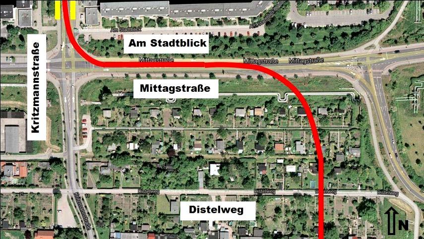 Variante 3 Die Variante 3 unterscheidet sich von der Variante 2 durch die Führung der Straßenbahn im Straßenraum der Mittagstraße und die Anordnung der Haltestelle in der Kritzmannstraße.