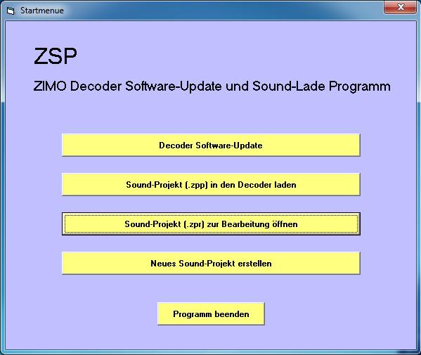 4 - Laden und Speichern eines Sound Projekts 4.1 - Laden Mit ZSP wird bereits ein Sound Projekt installiert. Weitere Projekte müssen bei Bedarf von der ZIMO Homepage heruntergeladen werden.