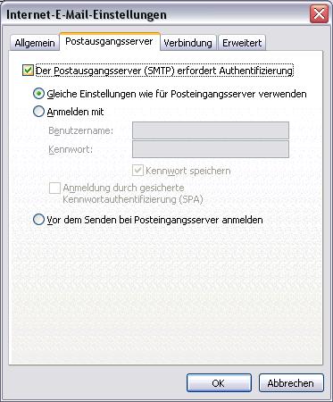 Outlook 2003 Server erfordert Authentifizierung Um mit einem E-Mail Client Nachrichten über ihren MailAccount zu versenden, ist gegebenenfalls die Einstellung "Postausgangsserver (SMTP) erfordert
