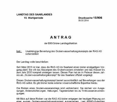 14. Mai 2014 21. Mai 2014 Grüne beantragen im Plenum die Beauftragung einer unabhängigen Bewertung des Grubenwasserkonzepts der RAG. Der Antrag wird von CDU und SPD abgelehnt.