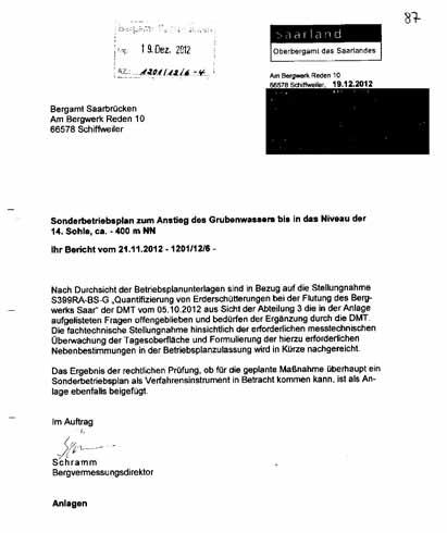 19. Dez. 2012 17. Jan. 2013 Auf Antrag der Grünen berichtet die Landesregierung im Ausschuss für Grubensicherheit, dass ein Wasserhaltungskonzept der RAG noch nicht vorliegt.