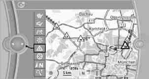 Verkehrsinfokarte : Karte wird auf die Anzeige von Verkehrsinfos optimiert. Symbole der Sonderziele werden nicht mehr angezeigt.