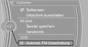 Senderinfo Automatische FM- Umschaltung Bei aktivierter FM-Umschaltung wird ein Sender automatisch umgeschaltet, wenn dieser nicht mehr empfangbar ist.