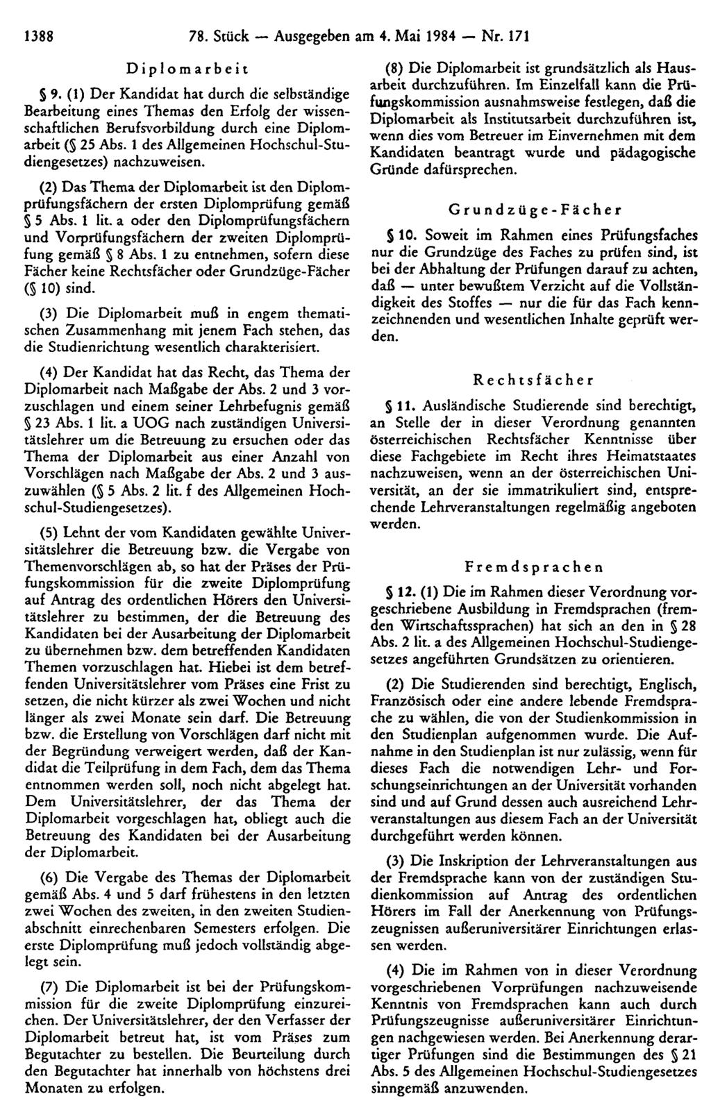 1388 78. Stück - Ausgegeben am 4. Mai 1984 - Nr. 171 Diplomarbeit 9.