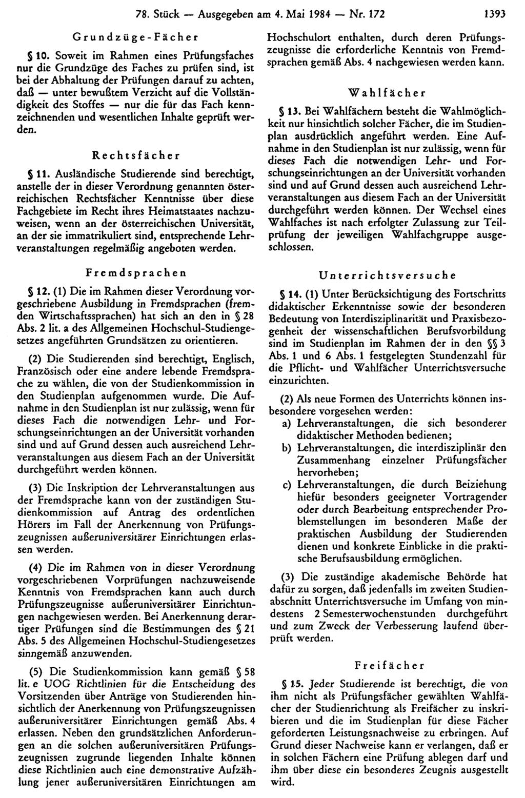 78. Stück Ausgegeben am 4. Mai 1984 Nr. 172 1393 Grundzüge-Fächer 10.