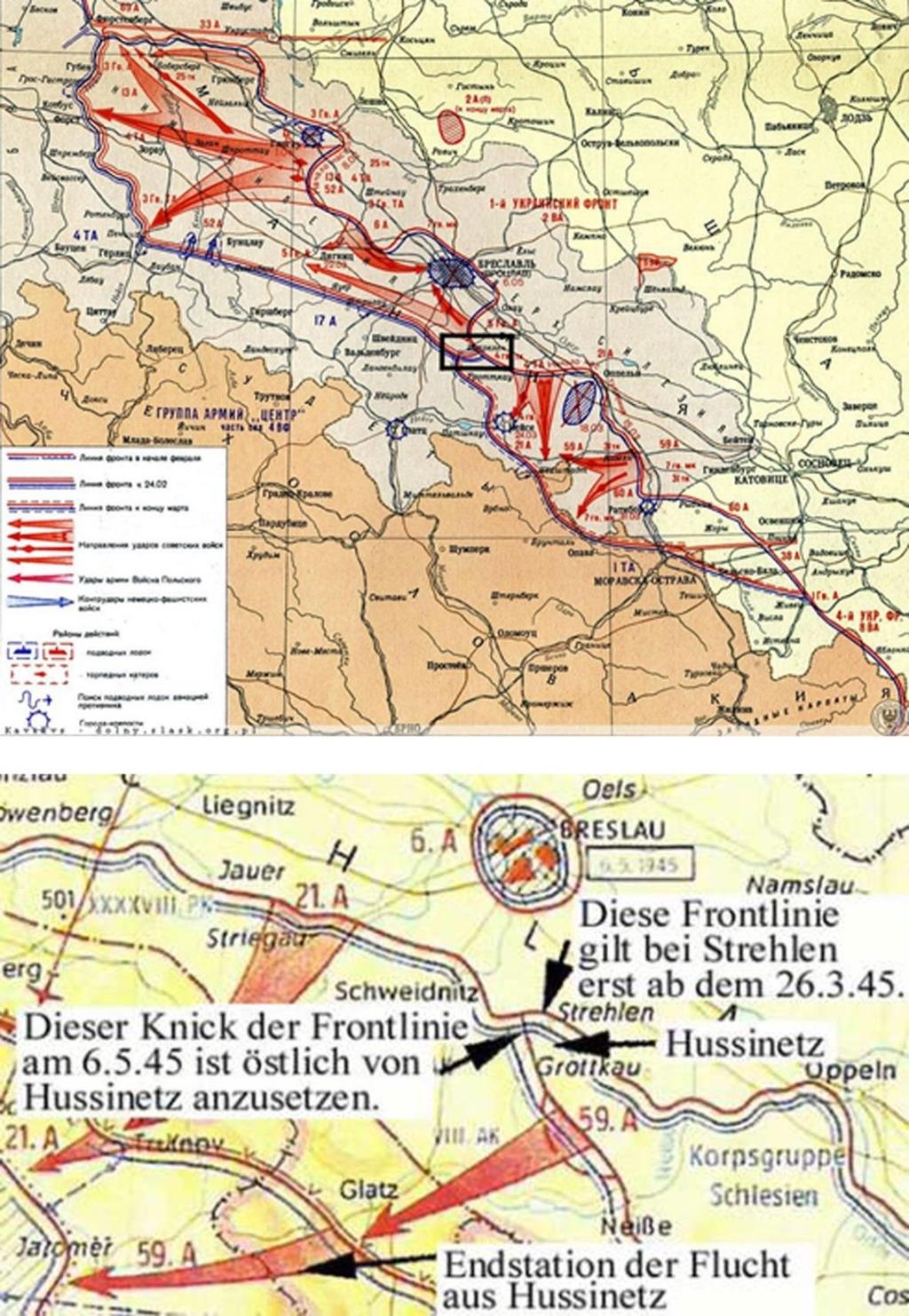 Bild 1: In der Zeit Februar/März 1945 wurden in Schlesien durch die Rote Armee Breslau eingekreist und die Operationen in Richtung Westen (Görlitz/Jauer) bzw. im Süden (Oppeln/Neisse) abgeschlossen.