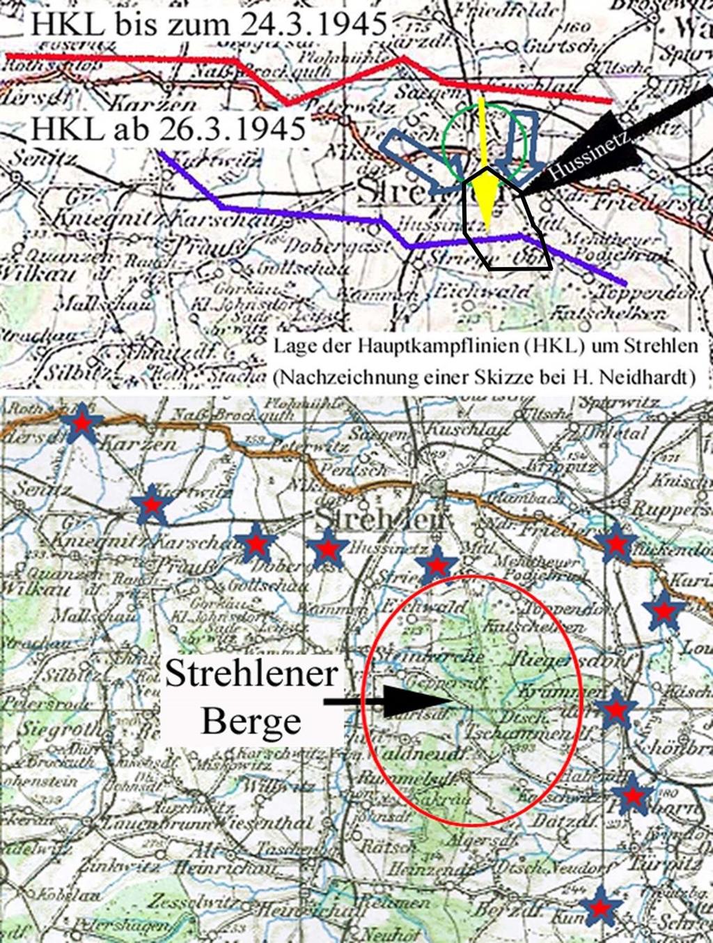 Bild 2: Die HKL-Lagen am 24. und am 26. März 1945 im oberen Teilbild wurden vom Autor aus einer Skizze von H.