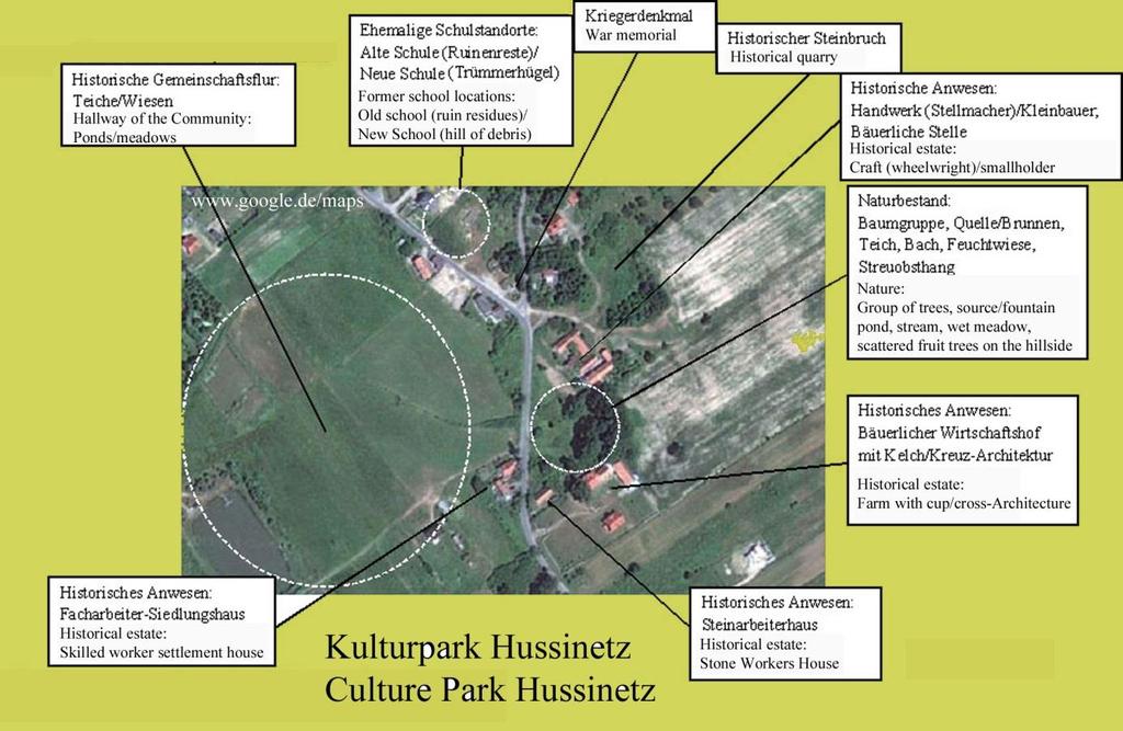 Bild 2: Dieser Google Maps-Auszug zu Hussinetz/Gęsiniec umfasst ein zentrales Dorfgebiet in dem noch fast alle charakteristischen Elemente der historischen Dorfstruktur von Hussinetz sowie mehrere
