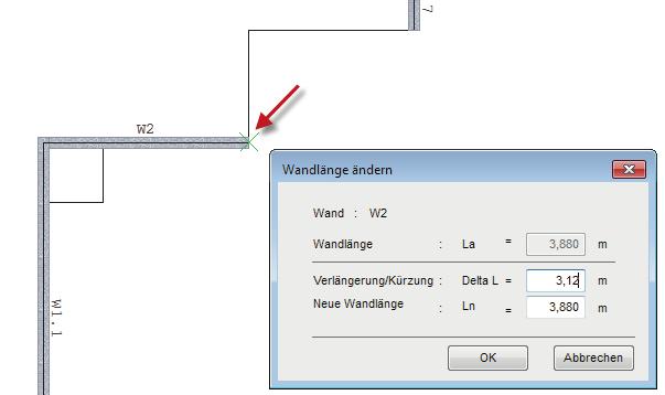 Wände bearbeiten (2) - Wand W2 mit der Maus nach links verlängern 26.