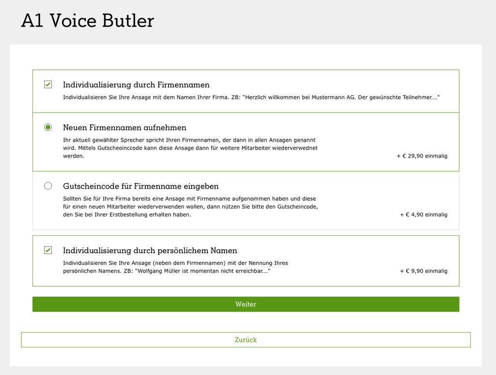 6. A1 Voice Butler Business A1 Voice Butler - Benutzerhandbuch Zusätzlich zu allen Vorzügen des A1 Voice Butlers Smart bietet Ihnen der Business-Tarif die Möglichkeit, Ihren Voice Butler nach Ihren