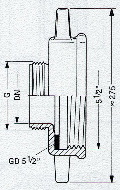 Kesselwagen-Zwischenstück mit Kesselwagengewinde 5 1/2 einerseits und Außengewinde andererseits Bezeichnung Außengewinde Material Artikelnummer KWZ 2 G 2