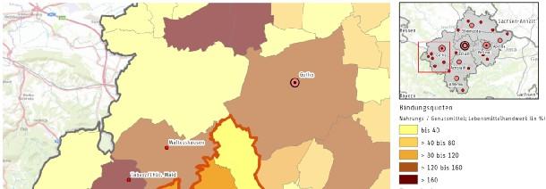 Karte 16: Bindungsquoten im Sortimentsbereich Nahrungs-/ Genussmittel/ Lebensmittelhandwerk in den Kommunen des Grundversorgungsbereichs des