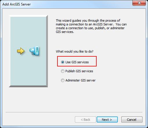 ArcCatalog das Menü Add ArcGIS Server aufrufen. Anschliessend Use GIS Services auswählen.