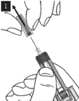 Verwendung der Spritze Halten Sie die Spritze mit der Nadel nach oben, ziehen Sie die Nadelschutzkappe vorsichtig von der Spritze und entsorgen Sie sie. Berühren Sie nicht die ungeschützte Nadel.