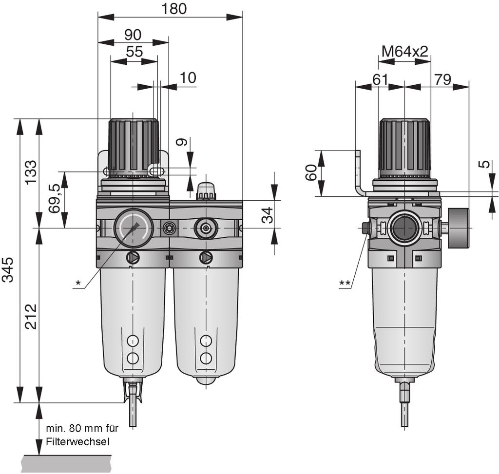 Wartungseinheit - WH - 2-teilig bestehend aus: Kombigerät - Nebelöler - Manometer G1/2 - G1 Serie