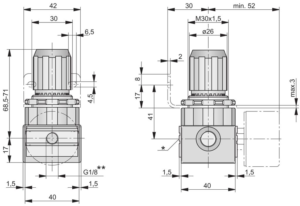 Serie Druckregler - WH G1/8 - G3/8 bestehend aus: Druckregler - Manometer Technische Daten Bauart Anschluss Einbaulage Manometer kleinste Druckdifferenz Druckregler - Baugröße 0 inkl.
