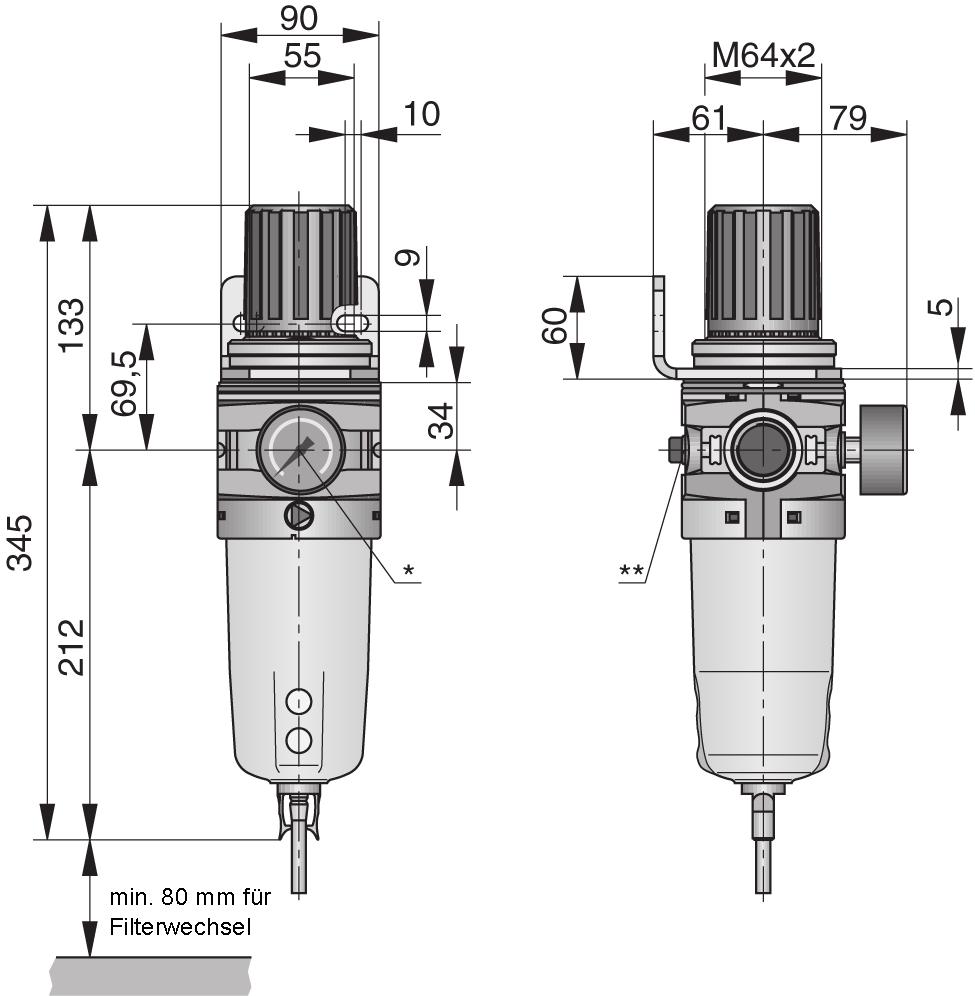 Kombigerät - WH bestehend aus: Filterregler - Manometer G1/2 - G1 Serie Technische Daten (s.