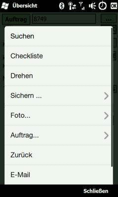 Menü Übersicht Suche über Auftragsnummer Checkliste für Dialogannahme öffnen Anwendung drehen (quer) Untermenü sichern Untermenü Foto