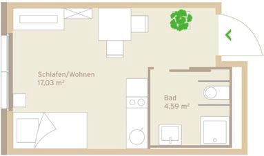 Viel Raum, viel Komfort Helles und geräumiges 1-Zimmerapartment (Beispiel) Ihre Vorteile im Überblick: + Modernes, barrierefreies Apartment + Seniorengerechtes Duschbad + Hausnotruf 24 Stunden rund