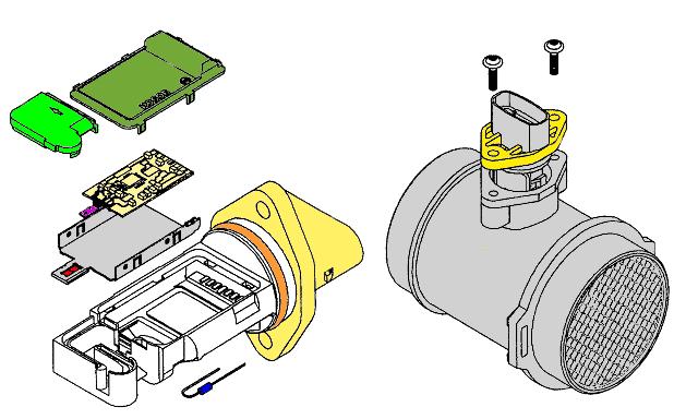 Luftmassenmesser HFM5 3 2 1 4 5 6 9 1. Trägerblech 2. Durchflussmesser Sensor 3. Messkanal- Deckel 4. Hybrid- Deckel 5. Hybrid 6. Anschlussstecker 7. O -Ring 8. Temperaturfühler Ansaugluft 9.