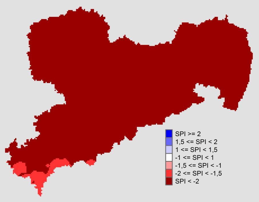 Die Auswertungen des standardisierten Niederschlagsindex für den Monat Februar (Abbildung 3) zeigen, dass fast alle Gebiete in Sachsen im extrem trockenen Bereich lagen.