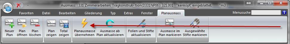 3. Klicken Sie nun auf "Ausmasse ab Plan übernehmen". Zur Übernahme öffnet sich ein Dialogfenster, in dem einzustellen ist, wie die geometrischen Informationen zu verwenden sind.