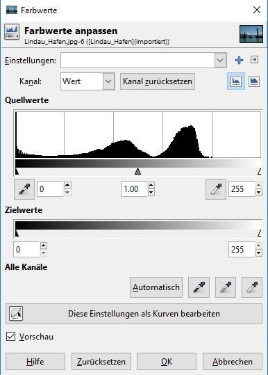 Tonwertkorrektur ausführen: Ziehen Sie den Lichterregler (ganz rechts) mit gedrückter Maustaste bis zum Beginn des Tonwertgebirges.