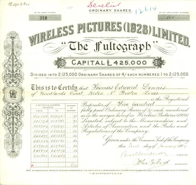 Wireless Pictures (1928) Limited "The Fultograph" Das erste kabellose Faxgerät Wireless Picture (1928) Limited "The Fultograph". Ordinary Share 1929. Hiwepa News Spezialpreis: Fr 85.