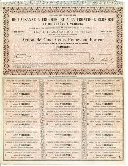 Hiwepa News Spezialpreis: Fr 165.-- Compagnie des Chemin de fer de Lausanne à Fribourg et à la Frontière Bernois et de Genève à Versoix, Inhaberaktie Fr. 500.-, Fribourg, 1. Oktober 1859.