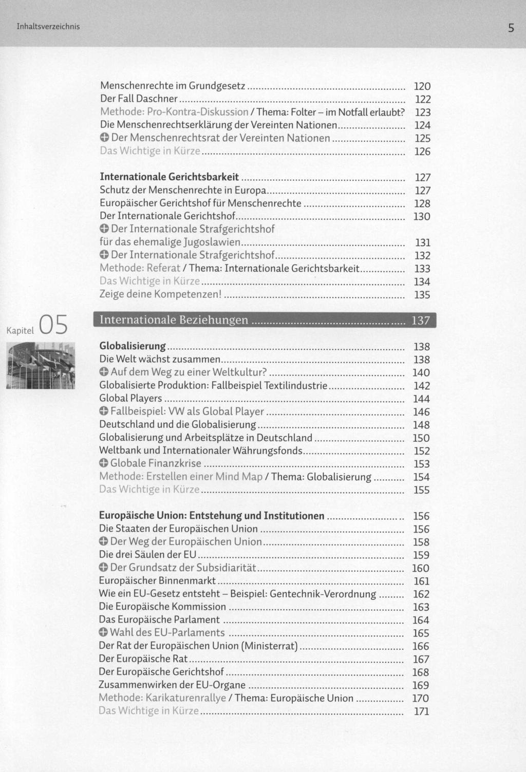 Inhaltsverzeichnis 5 Menschenrechte im Grundgesetz 120 Der Fall Daschner 122 Methode: Pro-Kontra-Diskussion / Thema: Folter - im Notfall erlaubt?