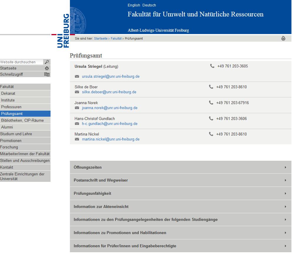 Webseite der Fakultät - Prüfungsamt http://www.unr.uni-freiburg.