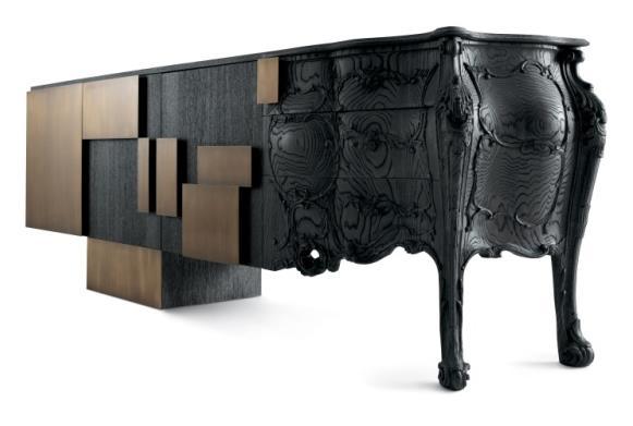 The complete cabinet is then sandblasted to remove the soft part of the veneer, creating a rich and nice touch effect.