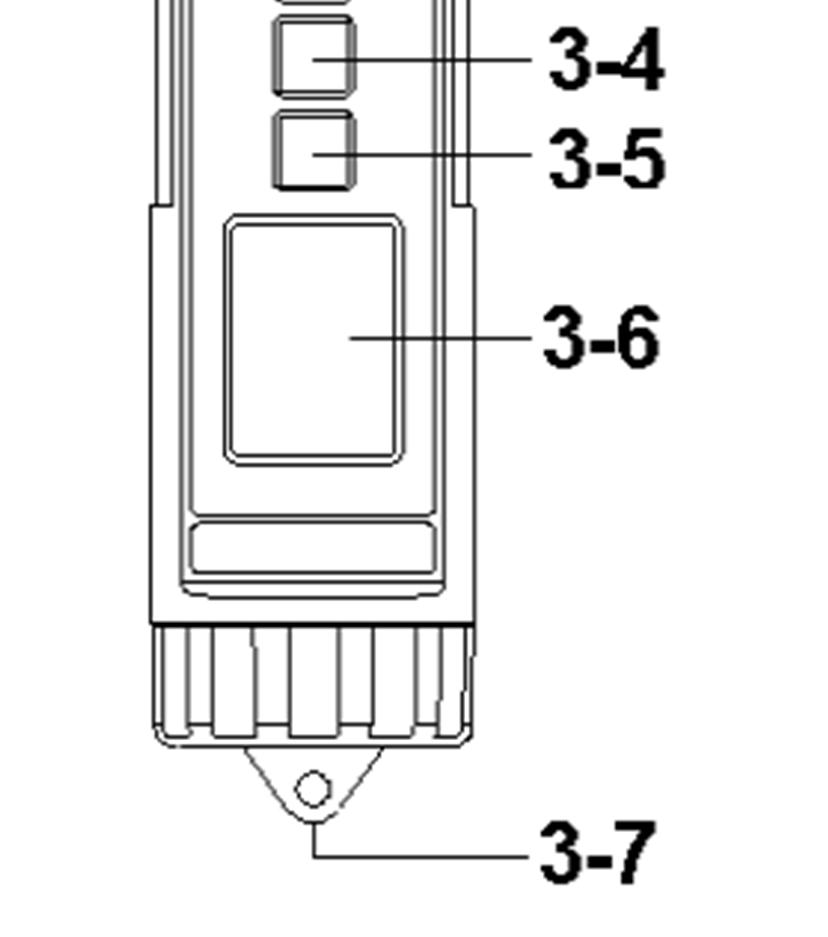 3. Funktionen 3-1 Prüfkopf 3-2 Feuchte-/ Temperatursensor 3-3 Power ( ) Taste 3-4 Hold-/ Unit ( ) Taste 3-5 Rec. (Mode, ) Taste 3-6 Display 3-7 Batterieraumabdeckung 4.1 Mode (Funktions) Auswahl 4.