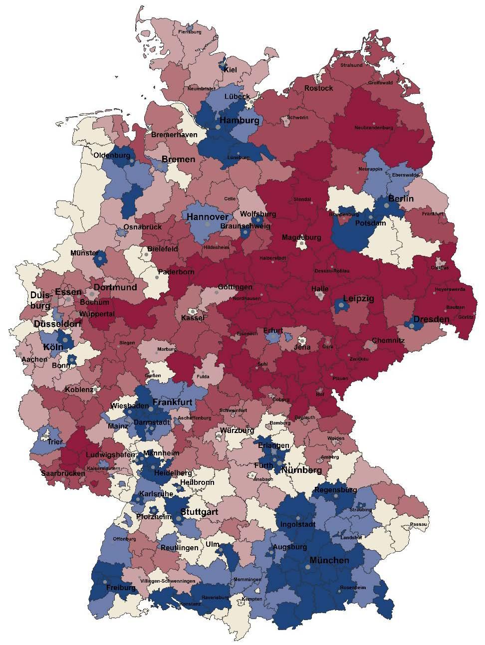 Bevölkerungsentwicklung in Landkreisen und kreisfreien Städten 2012 bis 2030 in Deutschland (in %) un ter -10,0-10,0 bis