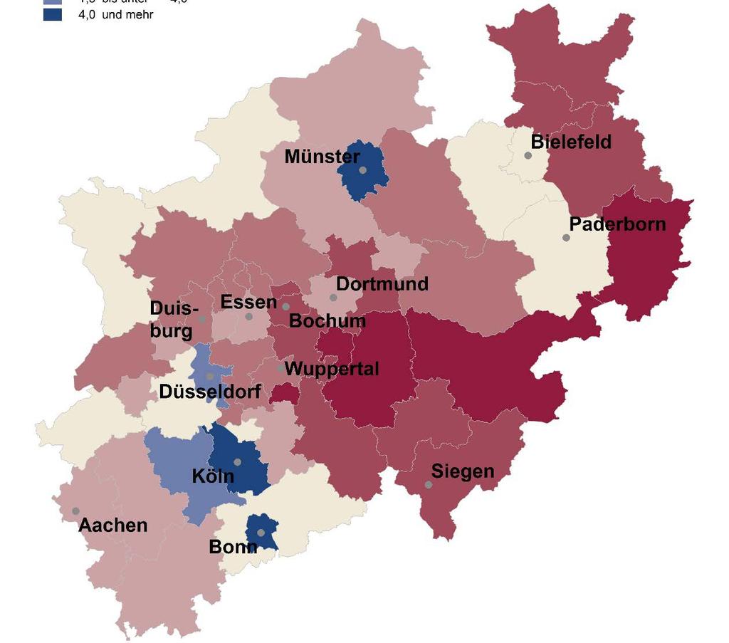 Bevölkerungsentwicklung in Landkreisen und kreisfreien Städten 2012 bis 2030 in Nordrhein-Westfalen (in %) un ter -10,0-10,0 bis