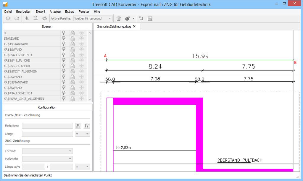 Arbeitshandbuch CAD Konverter TreesoftOffice.org Abbildung 4.2.2: Beispiel Skalierung X-Achse vor dem Klick auf Punkt B 5. Nun öffnet sich der Skalierungsdialog (siehe nachstehende Abbildung).