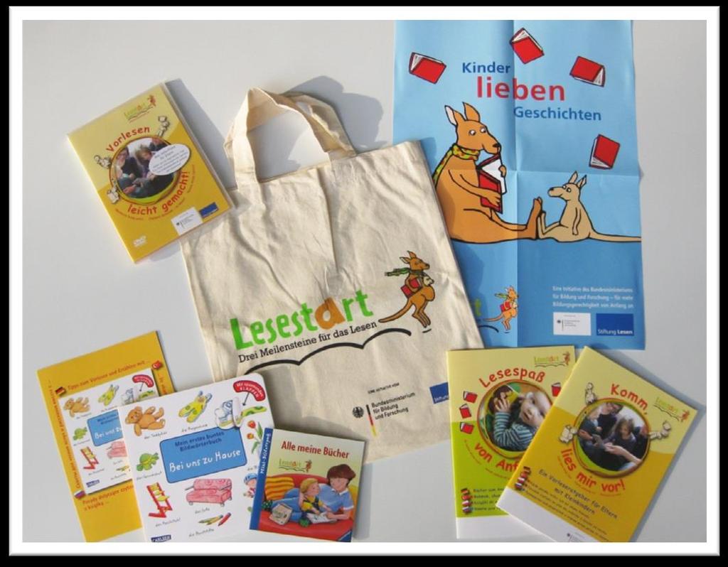 Das Lesestart-Set für einjährige Kinder Im Lesestart-Set I sind folgende Materialien enthalten: ein altersgerechtes Bilderbuch, ein sechsseitiger Infoflyer mit praktischen Anregungen und Tipps für