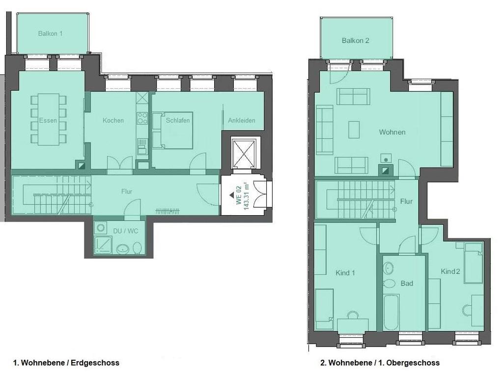 WE 02 (EG + 1. OG) 5 Zimmer, Küche, Du / WC, Bad, 2 Balkone, Keller Kaminanschluss(?