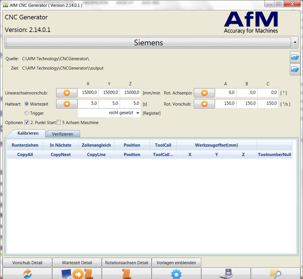 AfM AxisCalibration CNC-Geneartor liest die im Axis Analyzer erstellte Messaufgabe ein und erstellt daraus ein voll lauffähiges CNC-Programm für die im Markt vertretenen